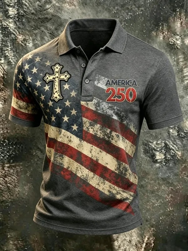 Vintage America 250 Yearss Polo Shirt Patriotic Flag Cross Clothing Veteran Gift For Men – Blissandwear